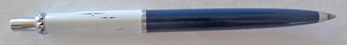 6293: PARKER PRINCESS JOTTER IN NAVY WITH WHITE CORNING WEAR PATTERN ON TOP.